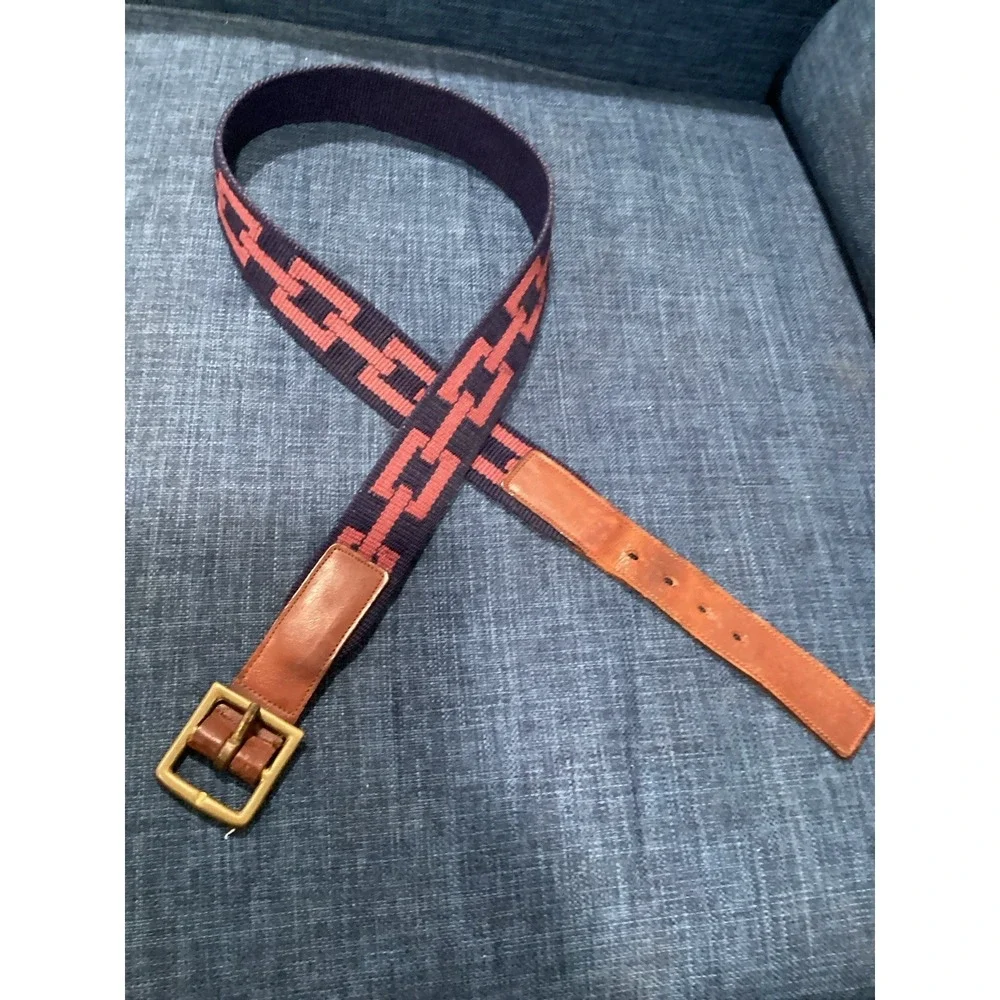 Coach Belt Womens Size 38 Wool Canvas  Leather Brass Buckle Blue Red EUC